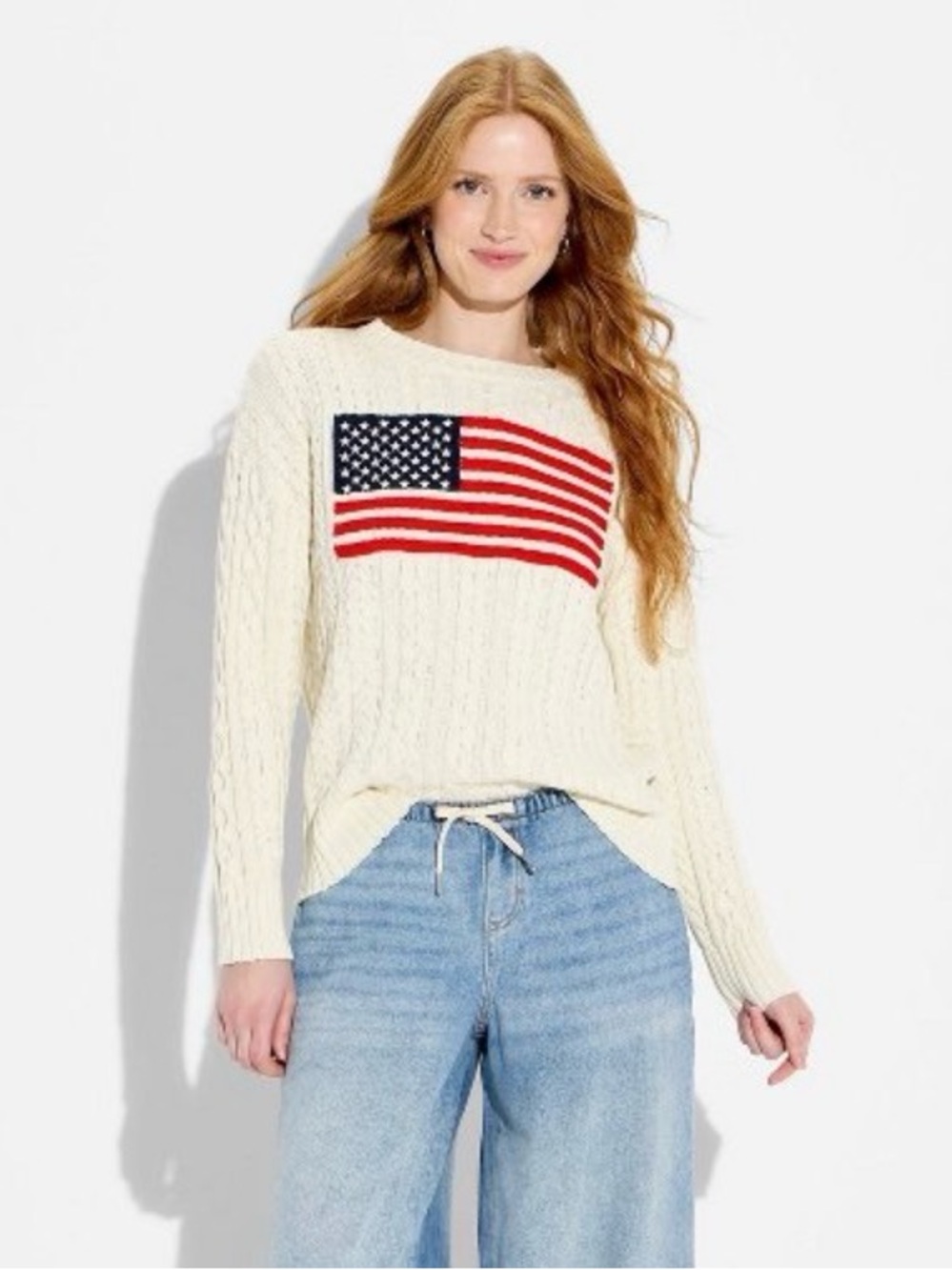 Crewneck American Flag Pullover Sweater - Wild Fable Dark Off-White Flags Large